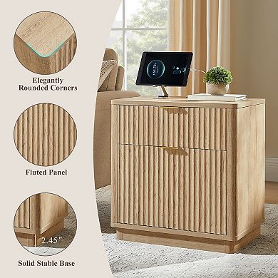 18" Fluted Nightstand with Charging Station, 2 Drawers, Modern Bedside Table for Bedroom Living Room