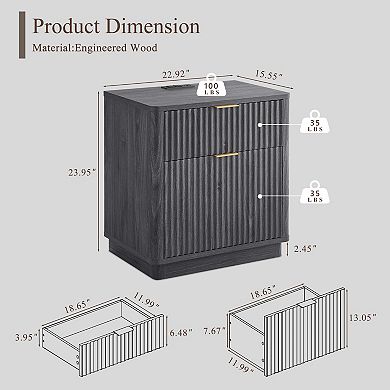 18" Fluted Nightstand with Charging Station, 2 Drawers, Modern Bedside Table for Bedroom Living Room