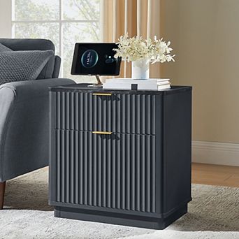18" Fluted Nightstand with Charging Station, 2 Drawer, Modern Bedside Table for Bedroom, Living Room