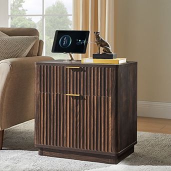18" Fluted Nightstand with Charging Station, 2 Drawer, Modern Bedside Table for Bedroom, Living Room