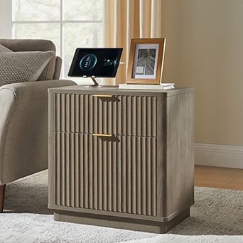18" Fluted Nightstand with Charging Station, 2 Drawers, Modern Bedside Table for Bedroom Living Room