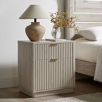18" Fluted Nightstand with Charging Station, 2 Drawers, Modern Bedside Table for Bedroom Living Room