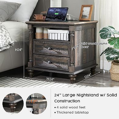 2PCS 24" Farmhouse Nightstand with Charging Station, 2-Drawer, Open Shelf, End Table for Living Room