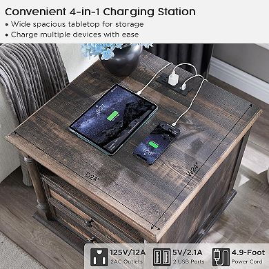 2PCS 24" Farmhouse Nightstand with Charging Station, 2-Drawer, Open Shelf, End Table for Living Room