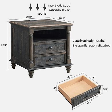 2PCS 24" Farmhouse Nightstand with Charging Station, 2-Drawer, Open Shelf, End Table for Living Room
