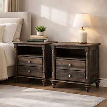 2 pc 24" Farmhouse Nightstand with Charging Station, 2-Drawer, Open Shelf, End Table for Living Room