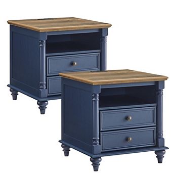 2 pc 24" Farmhouse Nightstand with Charging Station, 2-Drawer, Open Shelf, End Table for Living Room