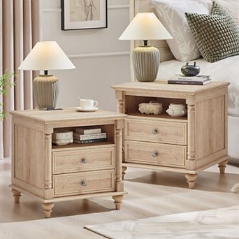 2 pc 24" Farmhouse Nightstand with Charging Station, 2-Drawer, Open Shelf, End Table for Living Room