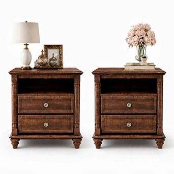 2 pc 24" Farmhouse Nightstand with Charging Station, 2-Drawer, Open Shelf, End Table for Living Room