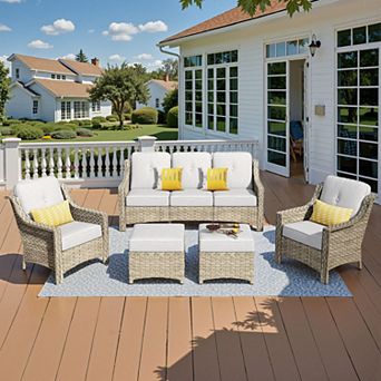 Ovios 5 pc Wicker Outside Conversation Set w/ High Back Rattan Chairs and Ottomans for Garden