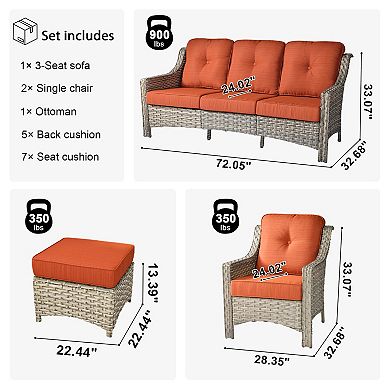 Ovios 5-Pc Outdoor Sectional Sofa Set w/ 3-in-1 Ottomans, Thick Cushions, All-Weather PE Wicker