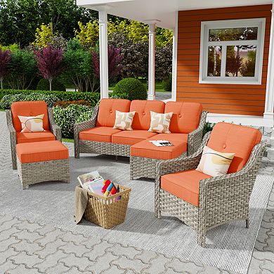 Ovios 5-Pc Outdoor Sectional Sofa Set w/ 3-in-1 Ottomans, Thick Cushions, All-Weather PE Wicker