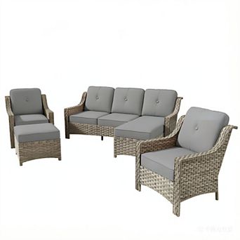Ovios 5 pc Outdoor Sectional Sofa Set w/ 3-in-1 Ottomans, Thick Cushions, All-Weather PE Wicker