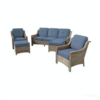 Ovios 5 pc Outdoor Sectional Sofa Set w/ 3-in-1 Ottomans, Thick Cushions, All-Weather PE Wicker