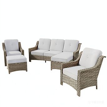 Ovios 5 pc Outdoor Sectional Sofa Set w/ 3-in-1 Ottomans, Thick Cushions, All-Weather PE Wicker