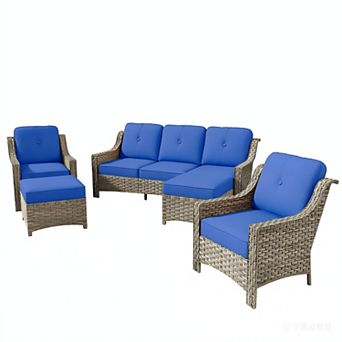 Ovios 5 pc Outdoor Sectional Sofa Set w/ 3-in-1 Ottomans, Thick Cushions, All-Weather PE Wicker