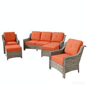 Ovios 5 pc Outdoor Sectional Sofa Set w/ 3-in-1 Ottomans, Thick Cushions, All-Weather PE Wicker