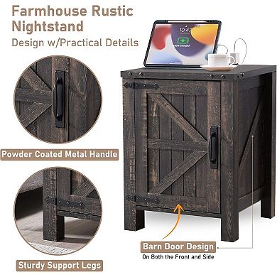 2PCS 18" Farmhouse Nightstand with Charging Station, 2-Drawer, Open Shelf, End Table for Living Room