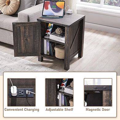 2PCS 18" Farmhouse Nightstand with Charging Station, 2-Drawer, Open Shelf, End Table for Living Room