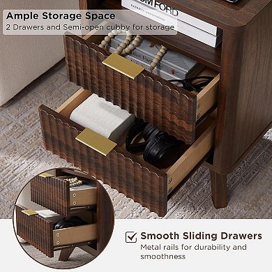 2PCS Fluted Nightstand with Charging Station, 2 Drawer, Open Shelf, Modern Bedside Table for Bedroom
