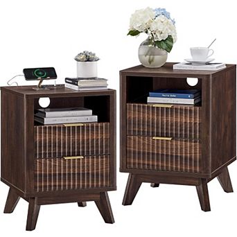 2 pc Fluted Nightstand with Charging Station, 2 Drawer, Open Shelf, Modern Bedside Table for Bedroom
