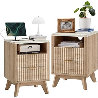 2 pc Fluted Nightstand with Charging Station, 2 Drawer, Open Shelf, Modern Bedside Table for Bedroom