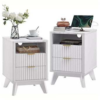 2 pc Fluted Nightstand with Charging Station, 2 Drawer, Open Shelf, Modern Bedside Table for Bedroom