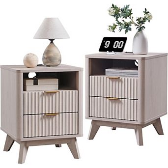 2 pc Fluted Nightstand with Charging Station, 2 Drawer, Open Shelf, Modern Bedside Table for Bedroom