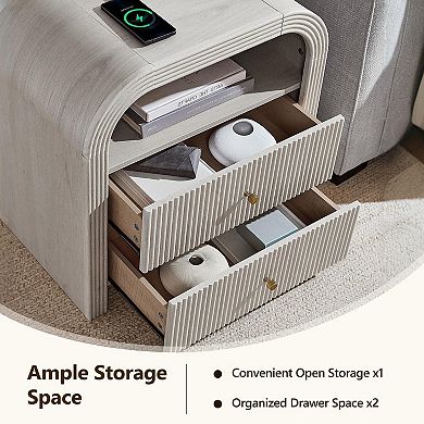 2PCS Modern Nightstand with Charging Station, 2-Drawer, Open Shelf, Wood Bedside Tables for Bedroom