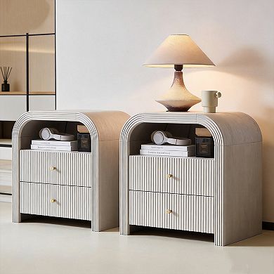 2PCS Modern Nightstand with Charging Station, 2-Drawer, Open Shelf, Wood Bedside Tables for Bedroom