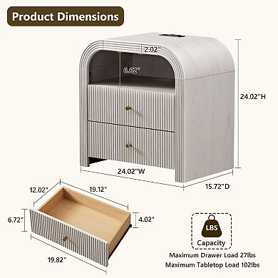 2PCS Modern Nightstand with Charging Station, 2-Drawer, Open Shelf, Wood Bedside Tables for Bedroom