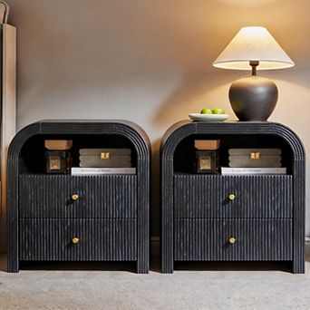 2 pc Modern Nightstand with Charging Station, 2-Drawer, Open Shelf, Wood Bedside Tables for Bedroom