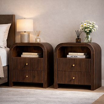 2 pc Modern Nightstand with Charging Station, 2-Drawer, Open Shelf, Wood Bedside Tables for Bedroom