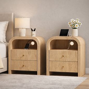 2 pc Modern Nightstand with Charging Station, 2-Drawer, Open Shelf, Wood Bedside Tables for Bedroom