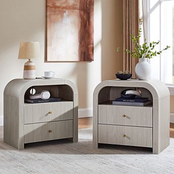 2 pc Modern Nightstand with Charging Station, 2-Drawer, Open Shelf, Wood Bedside Tables for Bedroom