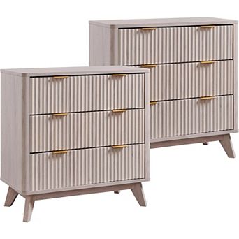 2 pc Modern Fluted Nightstand with 3 Drawers, 32" Tall Wood Bedside Table for Bedroom, Living Room