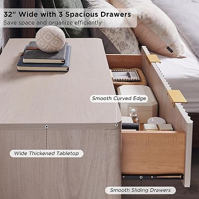 2PCS Modern Fluted Nightstand with 3 Drawers, 32" Tall Wood Bedside Table for Bedroom, Living Room