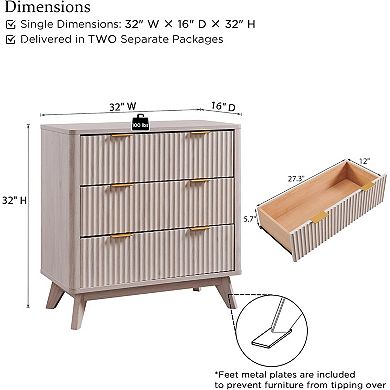 2PCS Modern Fluted Nightstand with 3 Drawers, 32" Tall Wood Bedside Table for Bedroom, Living Room