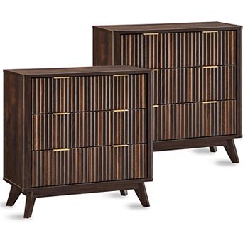 2 pc Modern Fluted Nightstand with 3 Drawers, 32" Tall Wood Bedside Table for Bedroom, Living Room