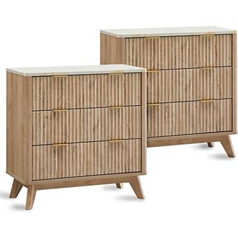 2 pc Modern Fluted Nightstand with 3 Drawers, 32" Tall Wood Bedside Table for Bedroom, Living Room