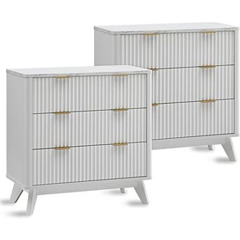 2 pc Modern Fluted Nightstand with 3 Drawers, 32" Tall Wood Bedside Table for Bedroom, Living Room