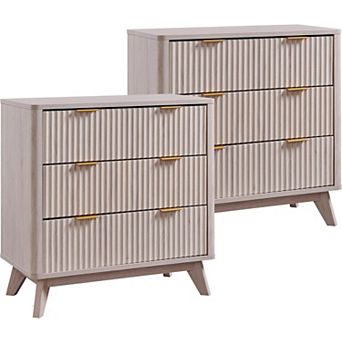 2 pc Modern Fluted Nightstand with 3 Drawers, 32" Tall Wood Bedside Table for Bedroom, Living Room