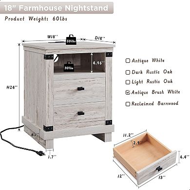 2PCS Farmhouse Nightstand with Charging Station, 2-Drawer, Open Shelf, End Table for Living Room