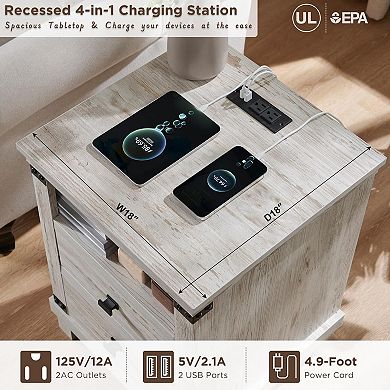 2PCS Farmhouse Nightstand with Charging Station, 2-Drawer, Open Shelf, End Table for Living Room