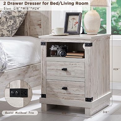 2PCS Farmhouse Nightstand with Charging Station, 2-Drawer, Open Shelf, End Table for Living Room