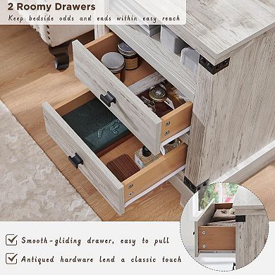 2PCS Farmhouse Nightstand with Charging Station, 2-Drawer, Open Shelf, End Table for Living Room