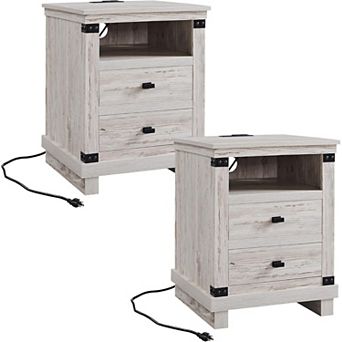 2 pc Farmhouse Nightstand with Charging Station, 2-Drawer, Open Shelf, End Table for Living Room