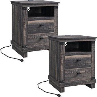 2 pc Farmhouse Nightstand with Charging Station, 2-Drawer, Open Shelf, End Table for Living Room