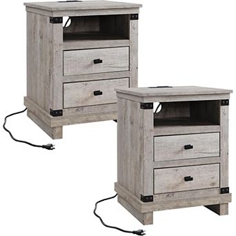 2 pc Farmhouse Nightstand with Charging Station, 2-Drawer, Open Shelf, End Table for Living Room