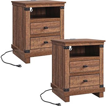 2 pc Farmhouse Nightstand with Charging Station, 2-Drawer, Open Shelf, End Table for Living Room
